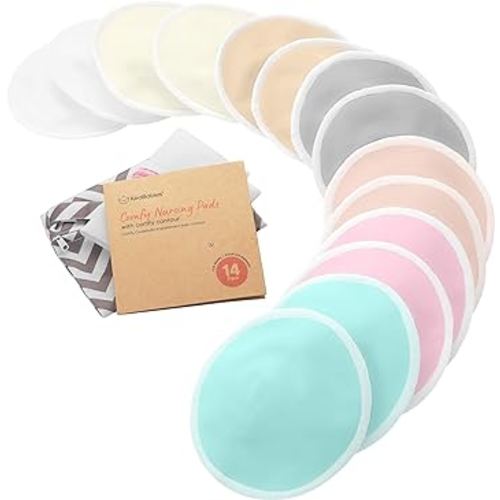 Organic Bamboo Viscose Nursing Breast Pads - 14 Washable Breastfeeding Pads, Wash Bag, Reusable Breast Pads for Breastfeeding (Pastel Touch, L 4.8")
