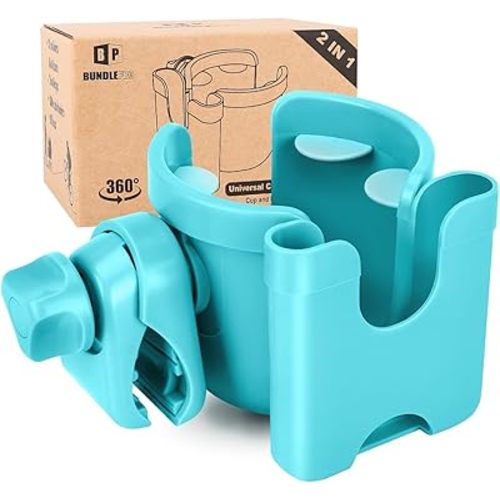 Universal Stroller Cup Holder with Mobile Phone Case, 2-in-1 Strollers Storage Rack, 360 Degrees Rotation Drink Holder for Bike, Pushchair, Wheelchair, Walker,Bicycle, Fits Most Cups (Blue)