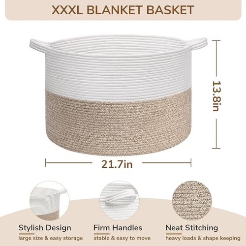 INDRESSME Large Laundry Basket, 21.7'' x 13.8'' Cotton Rope Blanket Basket Living Room Toy Baskets Storage Kids, Woven Baskets for Dirty Clothes, Pillows, Towel, 90L Light Brown - White & Light Brown