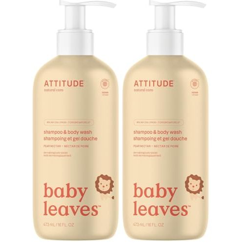 ATTITUDE 2-in-1 Shampoo and Body Wash for Baby, EWG Verified, Dermatologically Tested, Vegan, Pear Nectar, 16 Fl Oz, (Pack of 2)