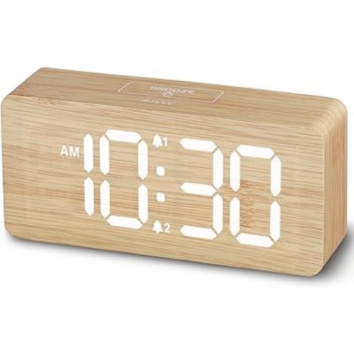 uscce Wooden Digital Alarm Clocks for Bedrooms: Dimmable Dual Alarm Clock with Large Numbers for Bedside Desk - Bamboo