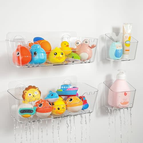 Bath Toy Storage Organizer 2+2 Pack, Transparent Bath Toy Holder with Drain Holes, Durable Plastic Bathtub Toy Storage for Bathroom, Quick-Dry Drainable Shower Caddy, Easy to Clean (Clear 2+2 Pack)