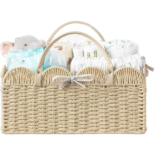 Baby Diaper Caddy, Paper Rope Storage Baskets Nursery Bin with Removable Divider, Portable Car Organizer for Diapers, Baby Shower Gifts, Newborn Essentials Must Haves