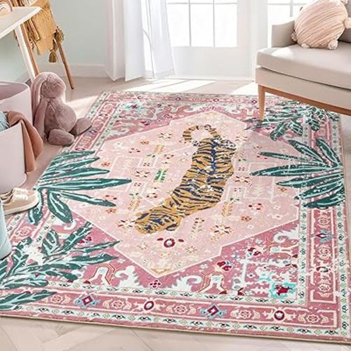 Washable Pink Rugs Boho Vintage Tropical Jungle 5x7 Area Rugs Jungle Oriental Carpet for Bedroom Kitchen Dining Living Room Office Distressed Indoor Cute Nursery Rug