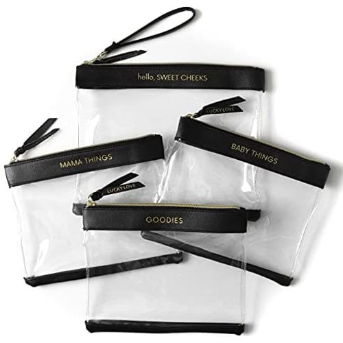 Diaper Bag Organizing Pouches | Set of 4 Including Diaper Clutch | Dry Wet Bag (Black & Clear)