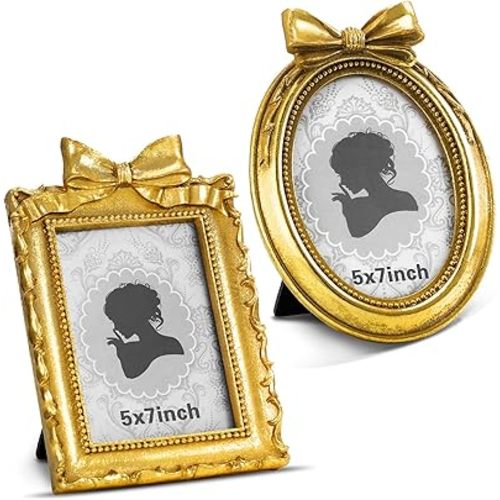 Qunclay 2 Pcs Mini Gold Vintage Picture Frame Small Rectangle Oval Antique Resin Photo Frames with Glass Front Tabletop and Wall Hanging Baroque Ornate for Home Wedding Decor (5 x 7 Inch)