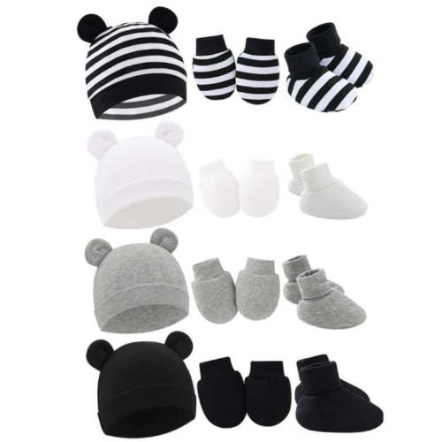 4 Pack Newborn Baby Hats Mittens Set for Boys Girls Hospital Hat Beanie Infant Caps Baby Gloves Socks for 0-6 Months