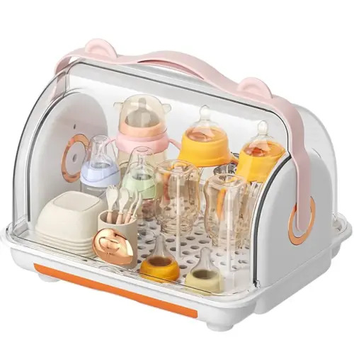 Baby Bottle Drying Rack Storage, Nursing Bottle Storage Box Organizer with Cover, Portable Kitchen Cabinet Organizer, Durable countertop Dryer (Orange)