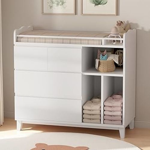 Baby Changing Table Top, Multi-Functional Nursery Changing Table, 4 Drawers with 2 Open Shelves, Bedroom, White