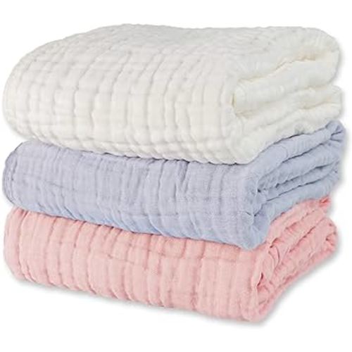 WinReal Muslin Baby Bath Towels Set 3 Pack Ultra Soft and Absorbent Baby Towels Infant Toddler Blanket Towel 6-Layer Natural Cotton Towel Suitable for Girl Boy 40x40 inches (White&Pink&Grey)