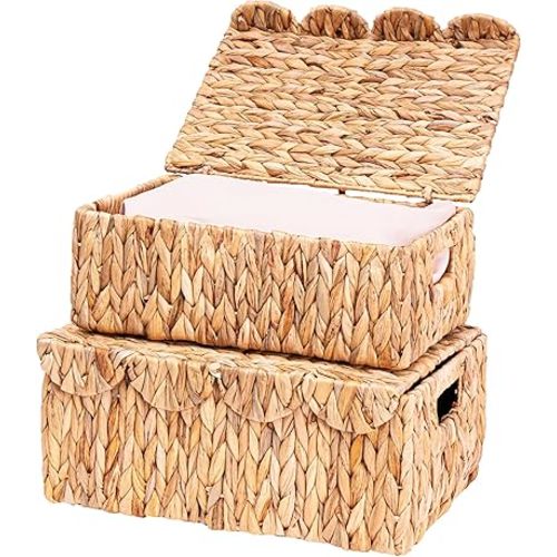 Scalloped Edge Wicker Basket with Lids, Rectangle Wicker Storage Basket with Built-in Handles, Multipurpose Organizer Rattan Display Boxes for Shelf, Nursery Room, Set of 2