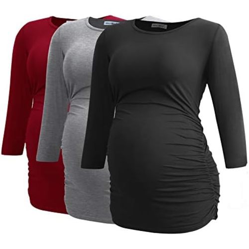 Smallshow Women's Maternity Tunic Tops Clothes 3/4 Sleeve Ruched Pregnancy Shirt