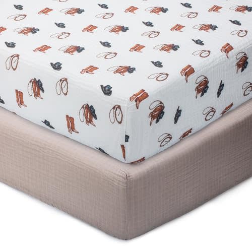 LollyBanks Baby Crib Sheets 2 Pack, 100% Cotton Muslin Breathable Fitted Crib Sheet for Boys, Soft and Snug Baby Bed Sheets for Standard 52"x28" Mattress, Infant Essentials (Cowboy and Solid Tan)
