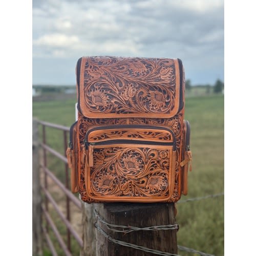 Leather tooled diaper bag/backpack