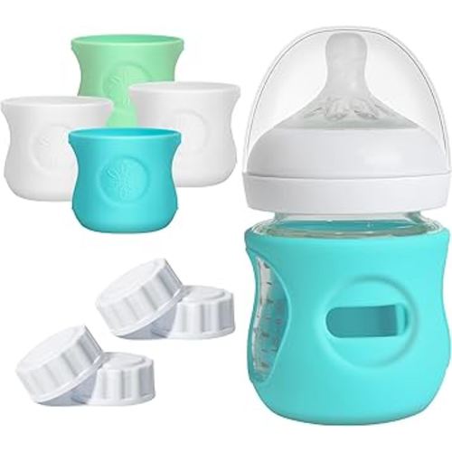 4 Pack Silicone Sleeves for Philips Avent Natural Glass Bottle, Food Grade Silicone Cover and 4pcs Travel Caps, Lids Replacement (2White+1Blue+1Green, 4oz)