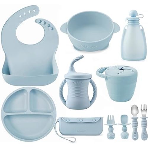 PandaEar Silicone Baby Feeding Set | 11PCS Baby Led Weaning Supplies Self Feeding Utensils | Divided Suction Plate Bowl Bibs Sippy Cup with Baby Food Pouch Snack Container Spoons Forks, Blue