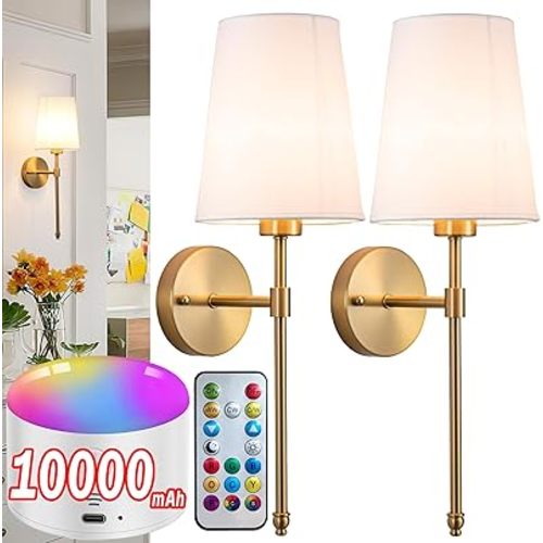Battery Operated Wall Sconce Light with Remote Control, Dimmable Set of 2 White Fabric Shade, Indoor Wireless Lamp For Bedroom Living Room, Bulb Included (
