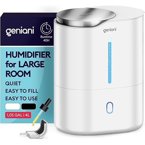 GENIANI Ultrasonic Cool Mist Humidifier for Bedroom, Large Rooms, Home, 4L - Easy Fill & Clean Humidifier for Plants w/Auto Shut-off, 40H Runtime - Quiet, Top Fill Air Humidifier