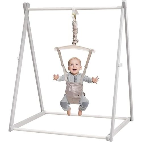 FUNLIO Montessori Wooden Baby Jumper with Stand for 6-24 Months, Adjustable Baby Bouncer for Indoor/Outdoor Play, Foldable Toddler Jumper for Baby Girl/Boy, Easy to Assemble & Store-Grey
