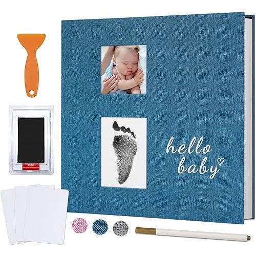 Vienrose Baby Photo Album Self Adhesive Memory Book 4x6 Magnetic Scrapbook Kit with Clean-Touch Ink Pad Handprint Footprint and A Metallic Pen for Boy/Girl 2 Windows 40 Pages