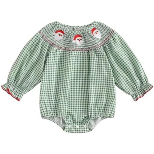Newborn Baby Girl Smocked Christmas Outfit Plaid Bubble Romper Xmas Tree Embroidery Bodysuit Infant Fall Clothes