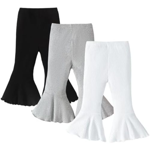 SOBOWO Baby Girl Flare Pants 3 Pack Toddler Solid Ribbed Ruffle Bell Bottoms Pants Trousers Fall Outfits