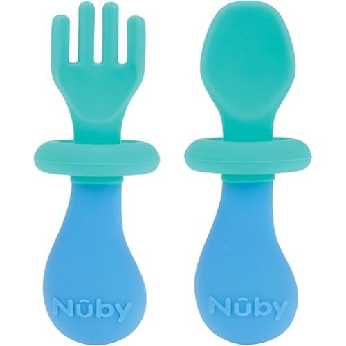 Nuby First Fork and Spoon Set - Utensils with Safety Guards for Babies 6+ Months - Green and Blue