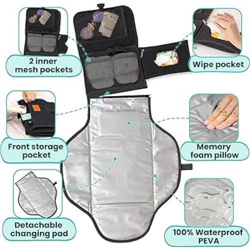 Black Portable Changing Pad for Newborns, Travel Diaper Changing Pad - Waterproof, Foldable & Detachable Diaper Changing Station for Baby Registry Search