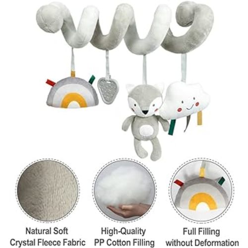 Baby Car Seat Toys, Activity Spiral Plush Hanging Wrap Around Pram Pushchair Stroller Toys, Sensory Early Education Toy for Toddler, Grey Fox