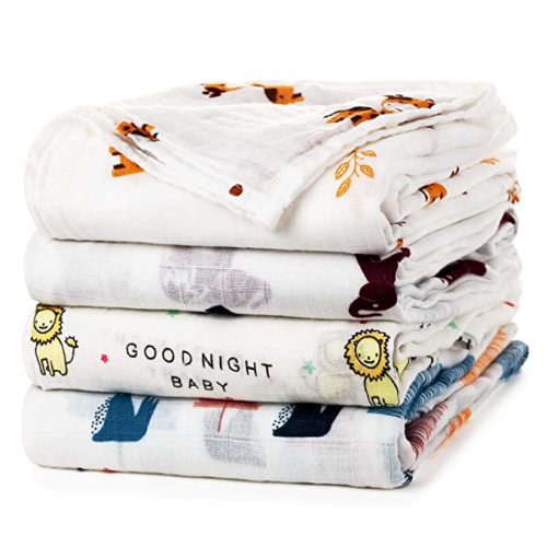 upsimples Baby Swaddle Blanket Unisex Swaddle Wrap Soft Silky Muslin Swaddle Blankets Neutral Receiving Blanket for Boys and Girls, Large 47 x 47 inches, Set of 4-Sika Deer/Elephant/Lion/Fox
