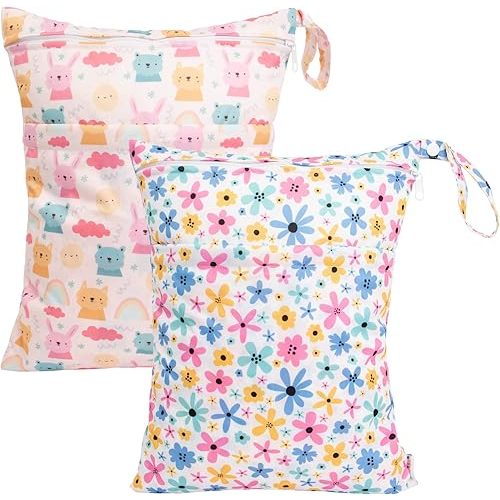 ALVABABY 2pcs Cloth Diaper Wet Dry Bags Waterproof Reusable with Two Zippered Pockets Travel Beach Pool Daycare Soiled Baby Items Yoga Gym Bag for Swimsuits or Wet Clothes LX-YX106107