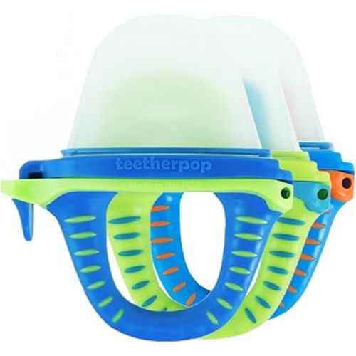 Teetherpop Fillable Silicone Teether for Babies – Breastmilk Popsicle Molds for Teething with Spill-Proof Sippy Slits – Freezable Baby Teethers for Liquids & Purées - Cooling Teething Relief -BlueLime