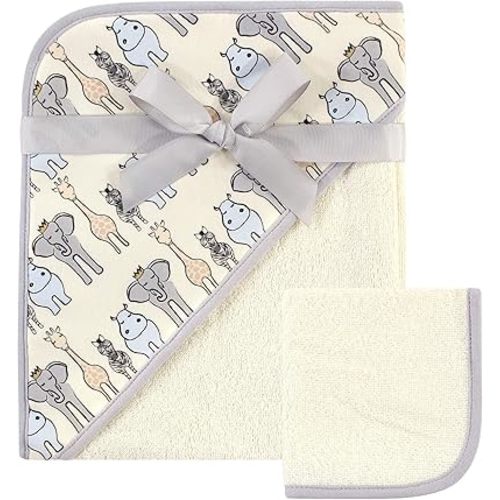 Hudson Baby Unisex Baby Cotton Hooded Towel and Washcloth, Royal Safari, One Size