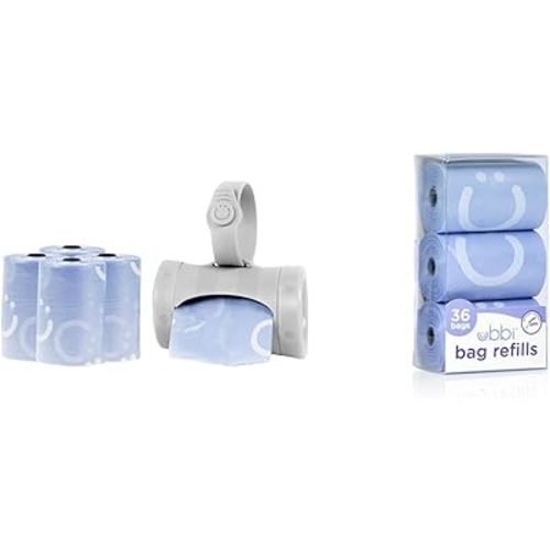 Ubbi On-the-Go Gray Bag Dispenser and Waste Disposal Bags Refill, Lavender Scented, Baby Savings Bundle & On-the-Go Refill Bags, Lavender Scented, Value Pack of 36, Baby On The Go Diapering Essentials