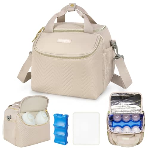 ZIOZERTT Wearable Breast Pump Bag,Breastmilk Cooler Travel Bag Compatible with Momcozy/Medela/Elvie/Willow Breast Pump with Ice Pack and Water Resistent Mat for 6 Baby Bottles Up to 9 Ounce,Khaki