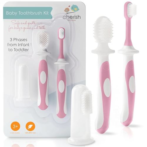 Cherish Baby Care Juego de cepillo de dientes para bebés y niños pequeños (0-2 años), sin BPA y probado con seguridad, ganador del premio 2023, silicona de grado alimenticio (rosa)