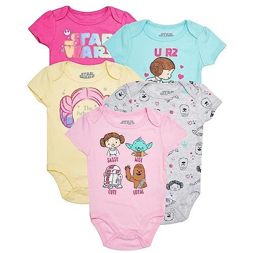 STAR WARS Baby Girls Bodysuits 5-Pack - Baby Girls' Bodysuits 5-Pack with Princess Leia, R2-D2, Yoda Baby Clothes