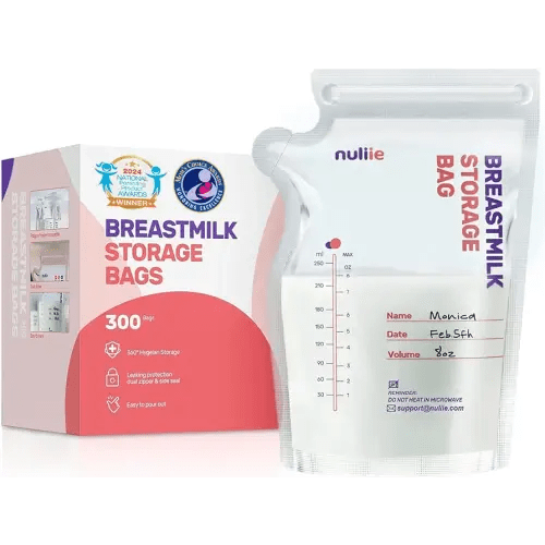 Nuliie 300 Pcs Breastmilk Storage Bags, 8 OZ Breast Milk Storing Bags, BPA-Free, Milk Storage Bags with Pour Spout for Breastfeeding, Self-Standing Bag, Space Saving Flat Profile