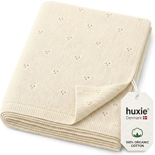 Huxie 100% Organic Cotton Knit Baby Blanket for Boys and Girls- Pointelle Swaddle Blanket - 40" x 30" Soft Receiving Blanket for Newborn - Lightweight Heirloom Nursery Knit Blanket for Babies(Ivory)