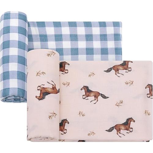 LifeTree Baby Swaddle Blankets, Boys Girls Muslin Swaddling Wrap Receiving Blanket for Newborn, 70% Viscose from Bamboo and 30% Cotton, Large 47" x 47", Horse and Blue Checkered Pattern