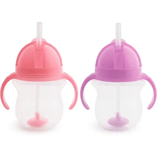 Munchkin Any Angle Sippy Cup for Toddlers, Weighted Straw Trainer Cup with Click Lock Lid, 7 Ounce, 2 Pack, Pink/Purple