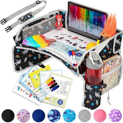 PILLANI Kids Travel Tray for Car - Car Seat Tray for Toddler, Roadtrip Essentials, Carseat Table Tray for Kids Road Trip Activities - Toddler Lap Desk Organizer for Airplane w/Dry Erase Surface