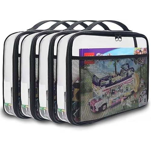 holay 4 Packs PVC Zippered Blocks Set, Toy, Clay, Board game Storage Organizer Case (Name Tag, Manual Pocket) (Black, Large)