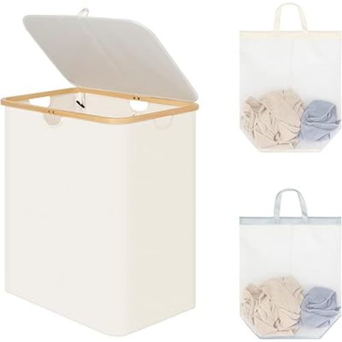 StorageWorks Large Laundry Hamper with Lid, 140L Tall Laundry Basket with Bamboo Handles and 2 Removable Inner Bags, Double Laundry Basket, Laundry Hamper for Clothes, Towels, Beige, 1-Pack