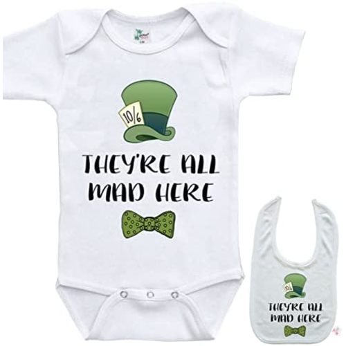 They're All Mad Here - Funny Newborn Baby Bodysuit Outfit Onesie Shirt & Bib