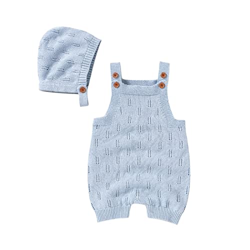 LAWKUL Baby Knit Romper Sleeveless 100% Cotton Jumpsuit with Hat Newborn Outfits Overall Bodysuit One Piece 2pcs