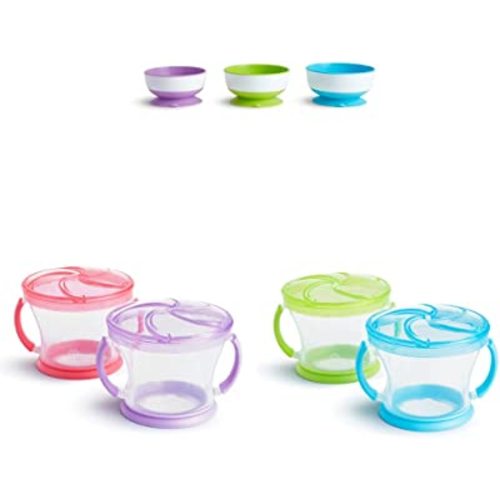Munchkin Suction Bowls (3 Pack) + Snack Catchers (4 Pack, 2 Pink/Purple + 2 Blue/Green)