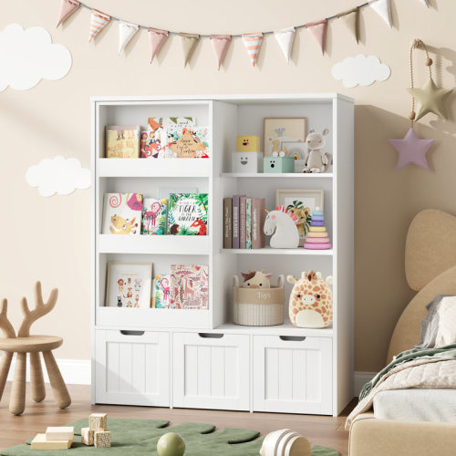 Ebern Designs 47.2"H Double 3-Tier Bookcase, Standard Bookshelf With Sliding Door & 3 Removable Drawers & Reviews | Wayfair