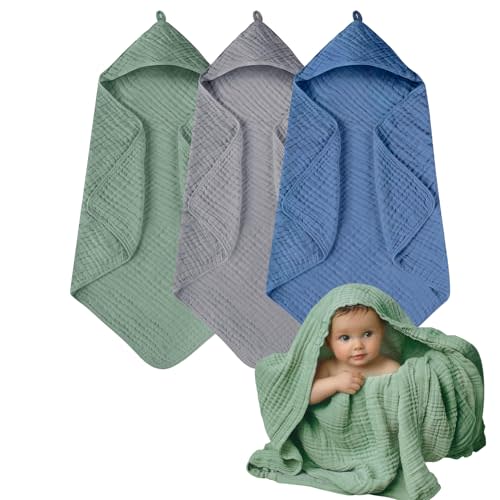 Muslin Hooded Towels, 3 Pack Cotton Bath Towels With Hood for Newborn, Infant, Toddler - Soft and Absorbent Baby Shower Essential (35 X 35'') (Green + Grey + Dark Blue)