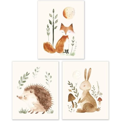 BESERH Woodland Animals Nursery Wall Art Prints Set of 3, Woodland Nursery Decor for Boys Girls, Cute Hedgehog Fox Hare Posters Wall Decor for Nursery Kids Room Playroom, 8x10 Inches Unframed